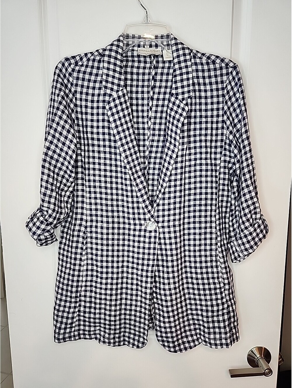 Cynthia Rowley Linen Gingham Blazer Womens Sz S Check Blue Jacket 90s Y2K NWOT